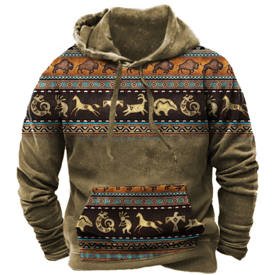 Luka | Herren Tribal Hoodie – Lang geschnittener Kapuzenpullover mit Kängurutasche & Modernem Musterdesign