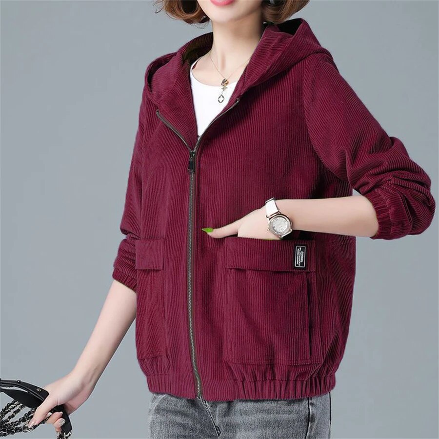 Brianna | Damen Zip-Up Kapuzenjacke aus Cord mit großen Taschen