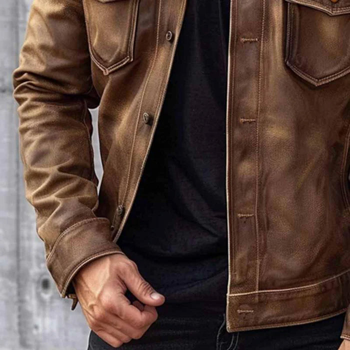 Michael | Herren Vintage Lederlook Jacke in Braun mit Knöpfen, Zeitlosem Stil & Langlebigem Design