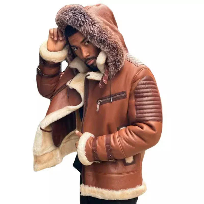 Evander – Herren Winterjacke im Lederlook mit Kapuze, Fellfutter, gesteppte Schultern & verstellbare Manschetten