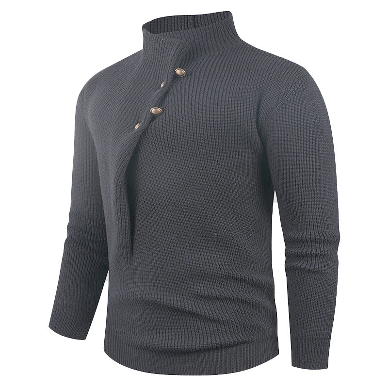 Herren Strickpullover mit asymmetrischem Kragen & Holzknöpfen | Stylischer Baumwollpullover