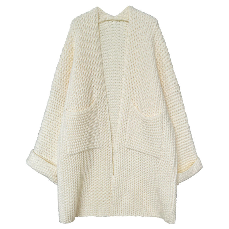Damen Long Cardigan | Modisches Zopfmuster & Praktische Taschen