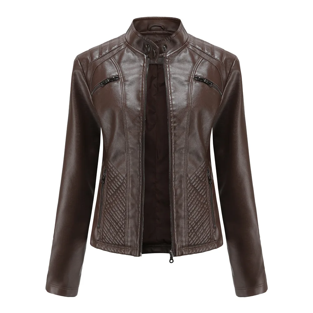 Elena| Damen Slim Fit Lederjacke, Full Zip mit Stehkragen