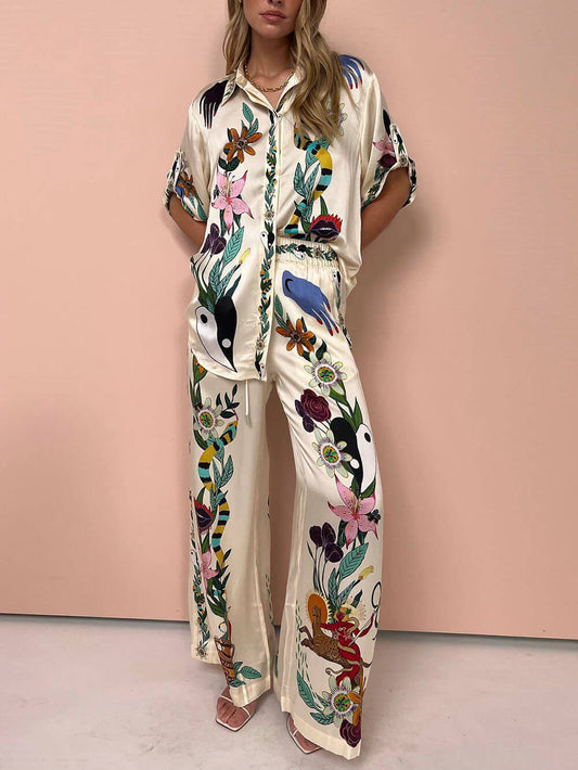 Linnea | Satin Zweiteiler mit Blumen-Jungle-Print