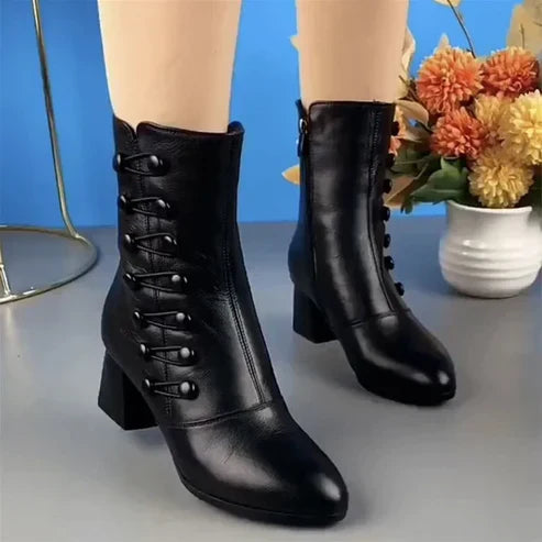 Evelina | Damen Schwarze Mid-Cut Leder Stiefeletten mit Blockabsatz und Reißverschluss