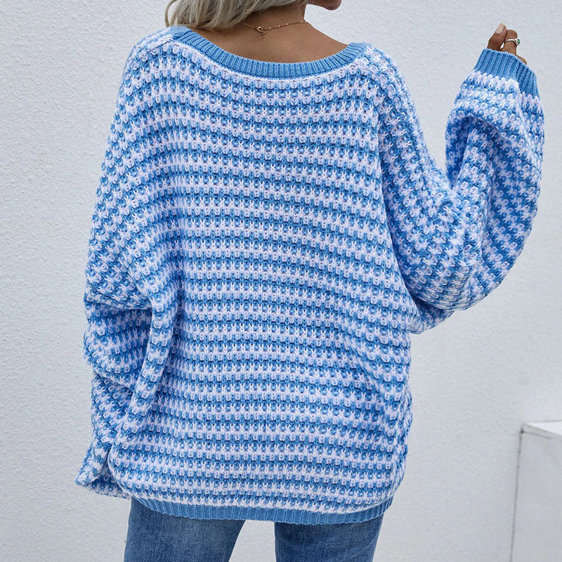 Dory | Zweifarbiger Strickpullover mit tiefem Ausschnitt & Ballonärmeln – Lässig & stilvoll