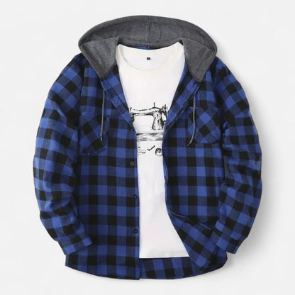 Sven | Herren Kariertes Button-Up Hoodie-Hemd – Weiche Übergangsjacke mit Kapuze & Kordelzug für Freizeit & Alltag