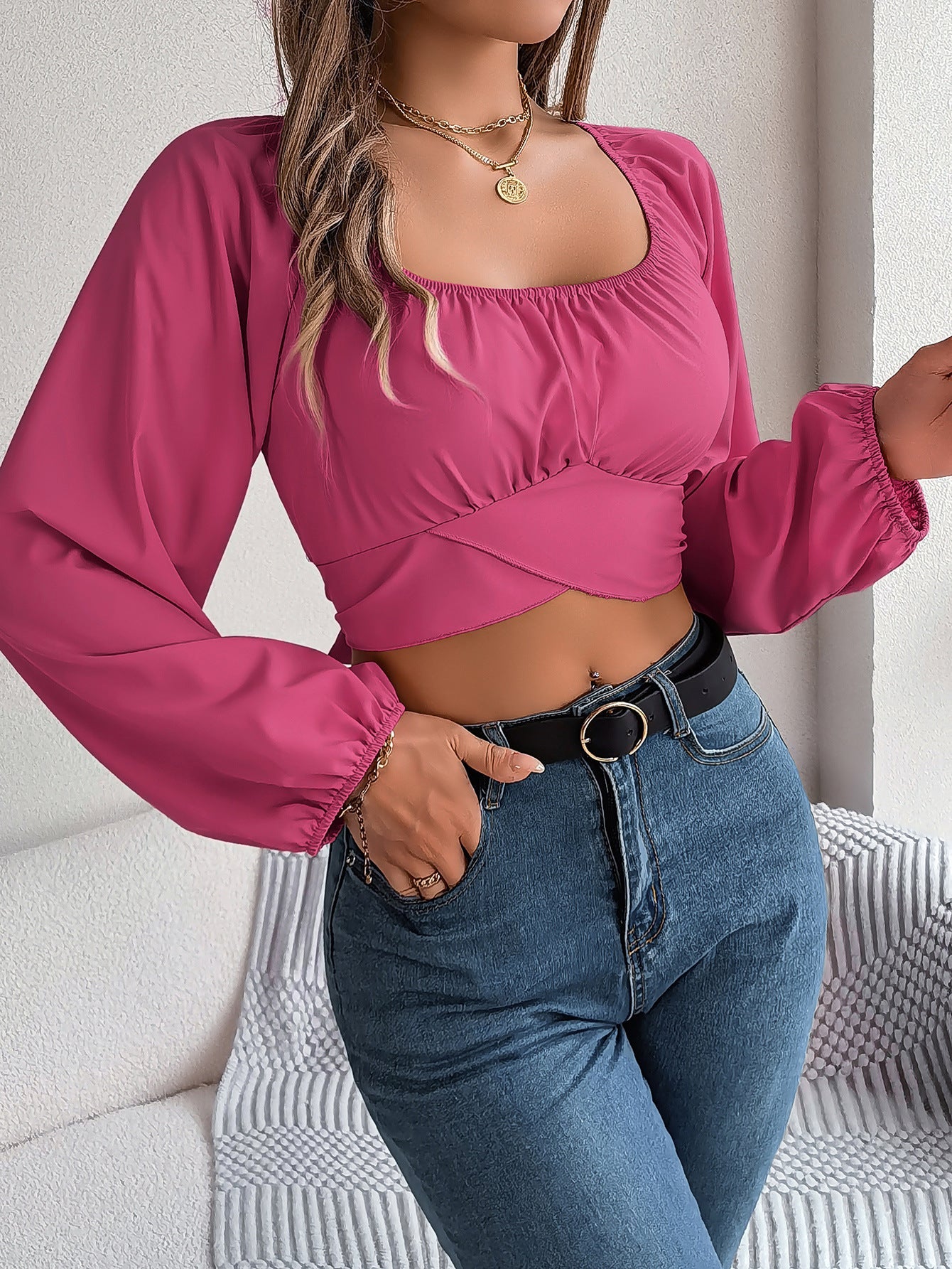 Amore | Chiffon-Top mit Puffärmeln und Spitzenbesatz