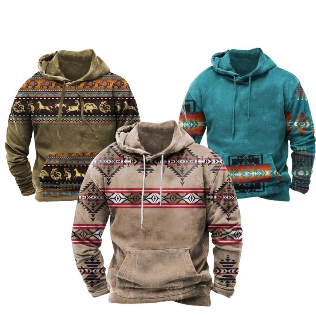 Luka | Herren Tribal Hoodie – Lang geschnittener Kapuzenpullover mit Kängurutasche & Modernem Musterdesign