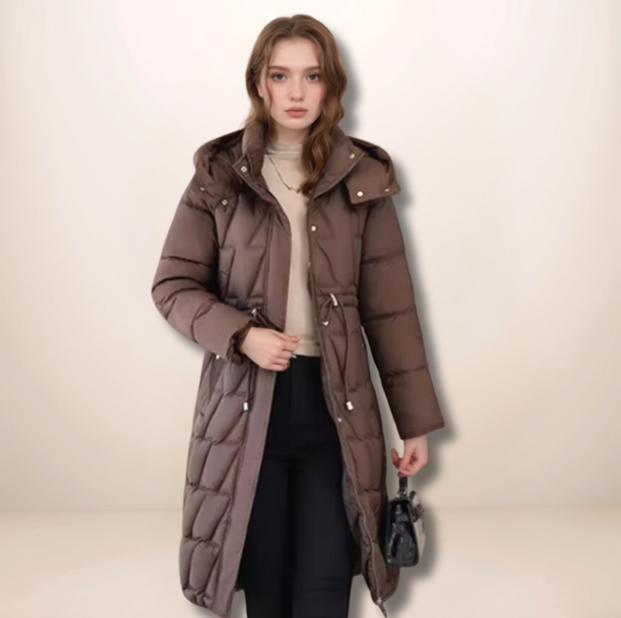 Cosima | Damen Lange Kapuzen-Steppjacke mit Reißverschluss und Taillenzug für den Winter