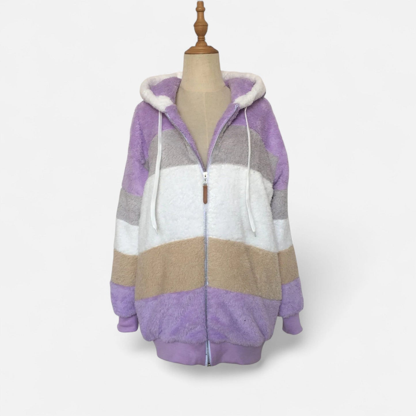 Erika | Damen Oversized Jacke mit Kapuze – Gestreifte Soft-Jacke mit Reißverschluss & Kordelzug für Herbst & Winter Eleganz