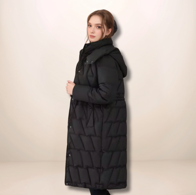 Cosima | Damen Lange Kapuzen-Steppjacke mit Reißverschluss und Taillenzug für den Winter