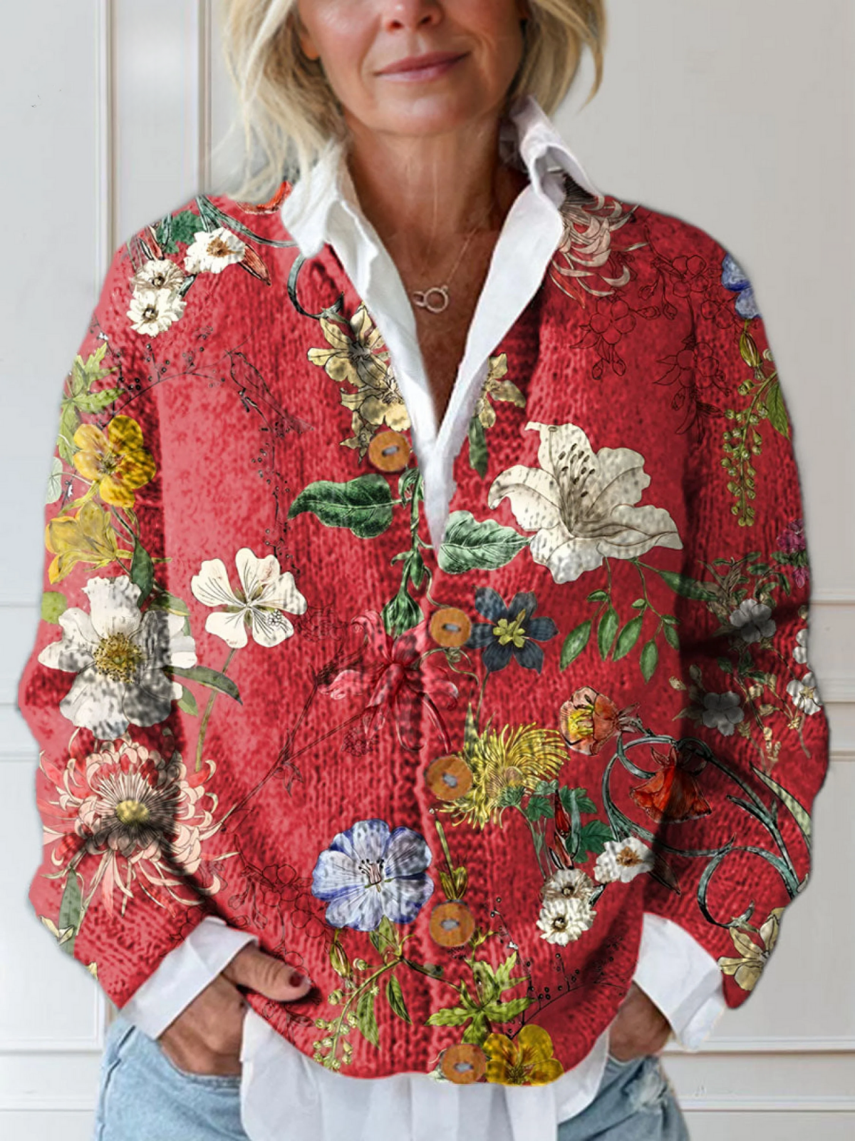 Vintage Floral | Damen Cardigan mit Knopfleiste & Kunst-Druck | Weicher Strickpullover für den Herbst