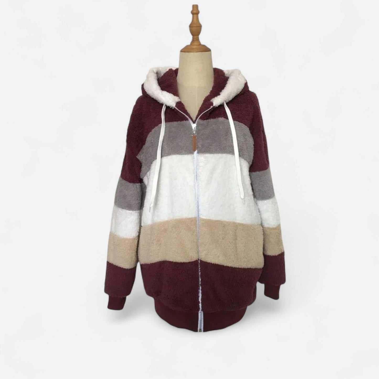 Erika | Damen Oversized Jacke mit Kapuze – Gestreifte Soft-Jacke mit Reißverschluss & Kordelzug für Herbst & Winter Eleganz