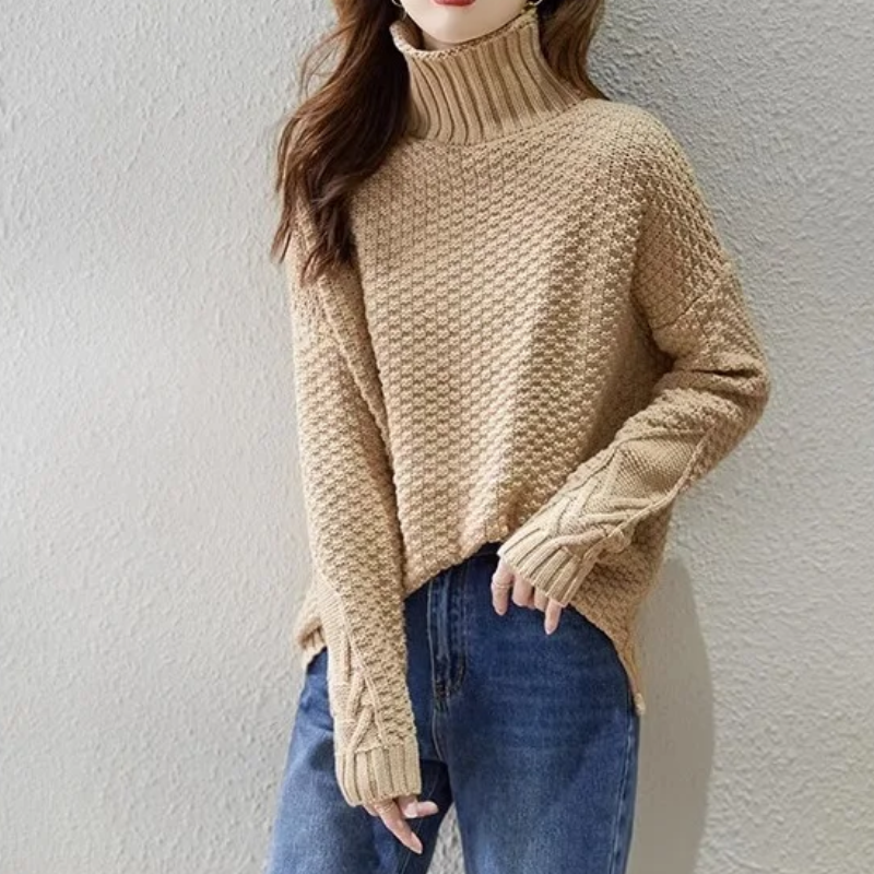 Xandra | Damen Turtleneck Pullover mit Struktur und Kabelstrickärmeln