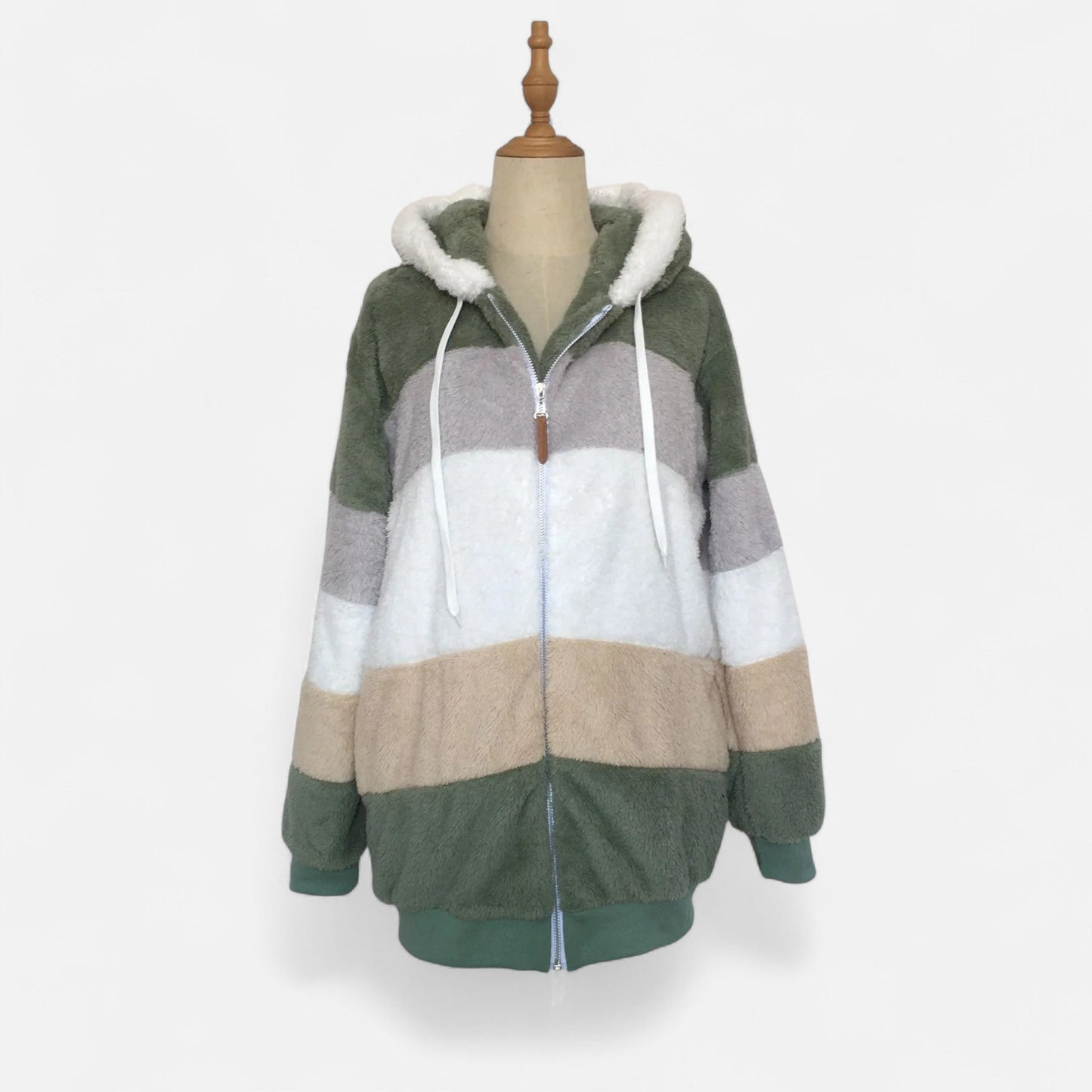 Erika | Damen Oversized Jacke mit Kapuze – Gestreifte Soft-Jacke mit Reißverschluss & Kordelzug für Herbst & Winter Eleganz