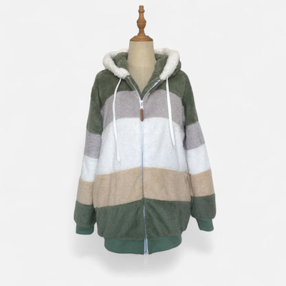 Erika | Damen Oversized Jacke mit Kapuze – Gestreifte Soft-Jacke mit Reißverschluss & Kordelzug für Herbst & Winter Eleganz