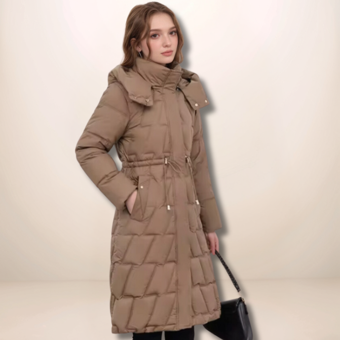 Cosima | Damen Lange Kapuzen-Steppjacke mit Reißverschluss und Taillenzug für den Winter