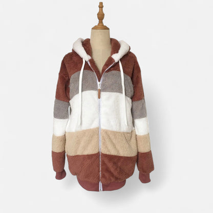 Erika | Damen Oversized Jacke mit Kapuze – Gestreifte Soft-Jacke mit Reißverschluss & Kordelzug für Herbst & Winter Eleganz