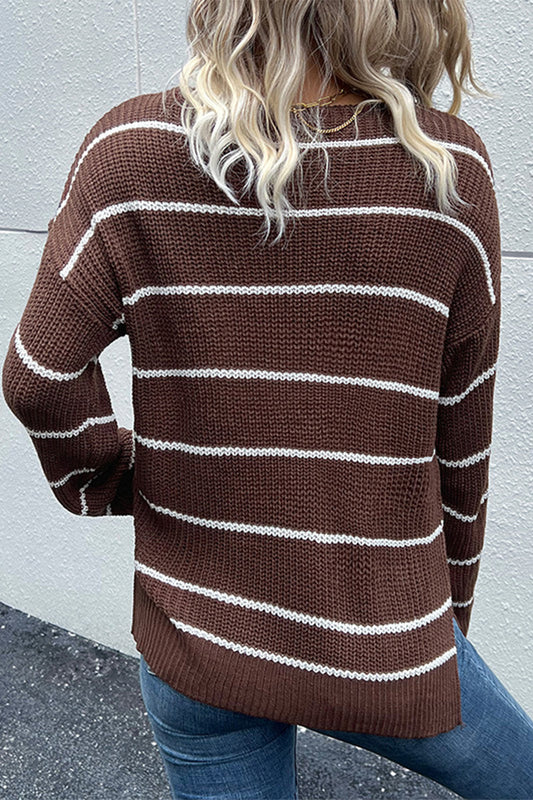 Norlinda | Brauner V-Ausschnitt Strickpullover mit weißen Streifen