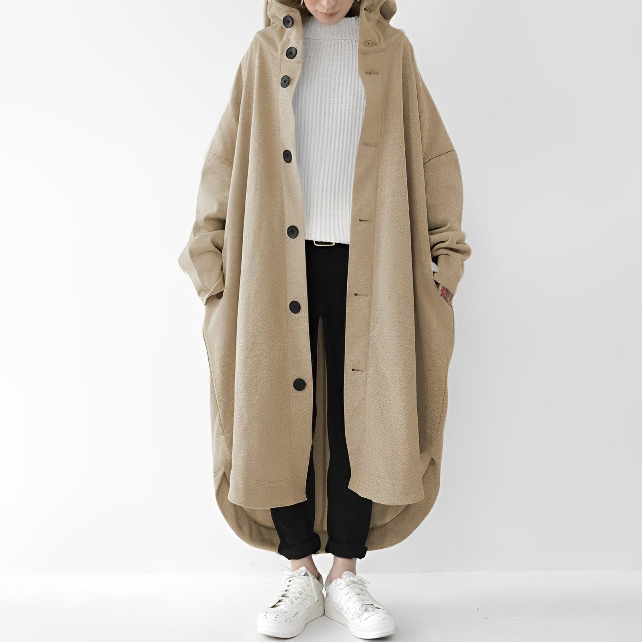 Nina | Damen Trenchcoat – Lockerer Schnitt, Kapuze, weicher Stoff, Taschen