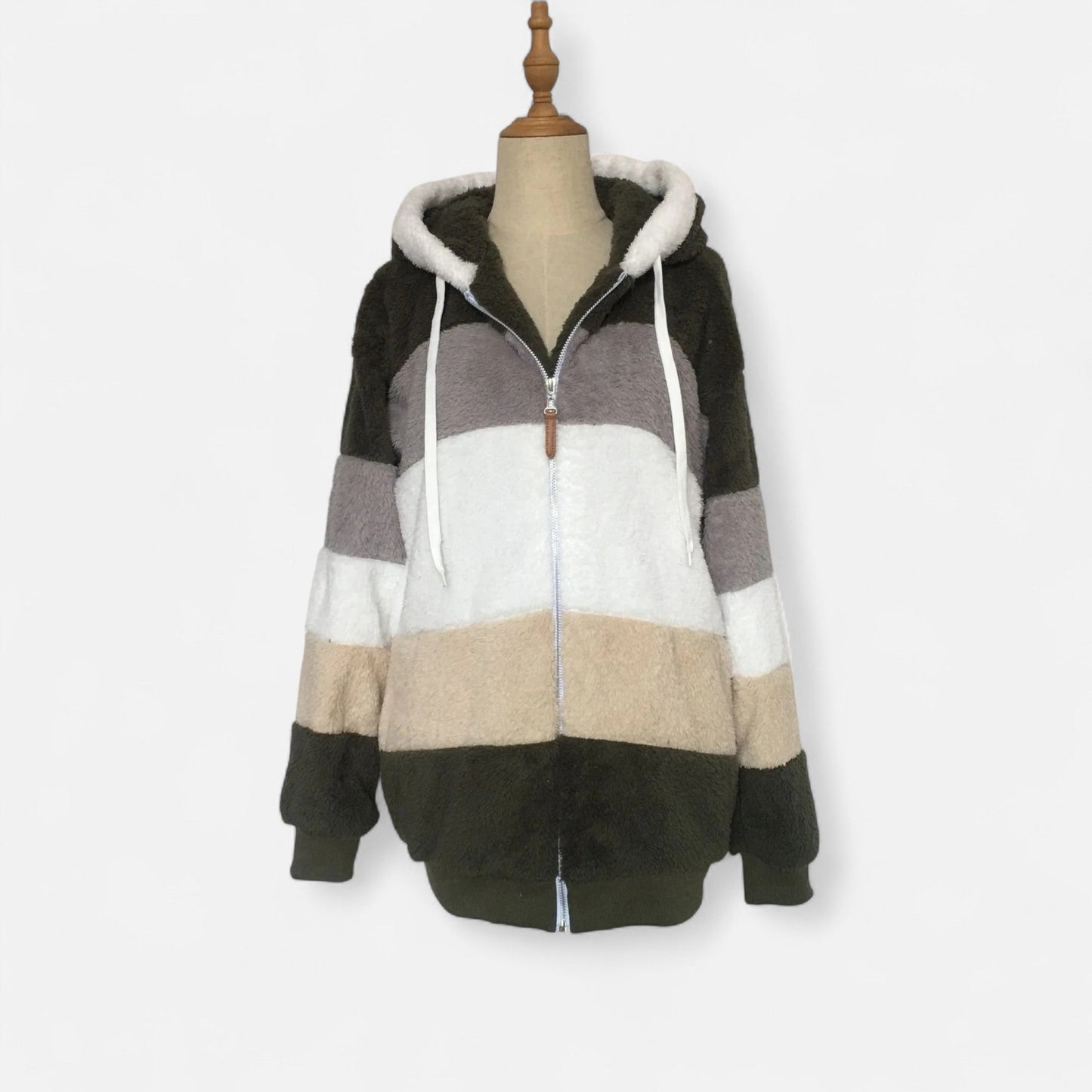 Erika | Damen Oversized Jacke mit Kapuze – Gestreifte Soft-Jacke mit Reißverschluss & Kordelzug für Herbst & Winter Eleganz