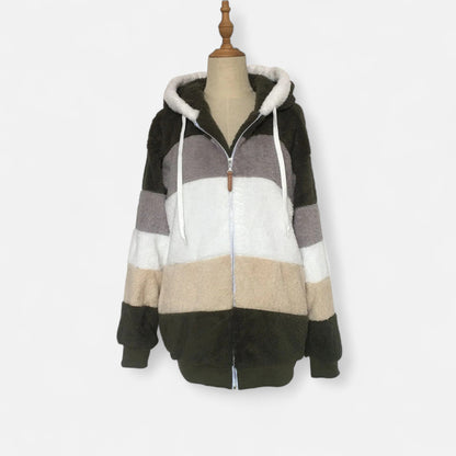 Erika | Damen Oversized Jacke mit Kapuze – Gestreifte Soft-Jacke mit Reißverschluss & Kordelzug für Herbst & Winter Eleganz