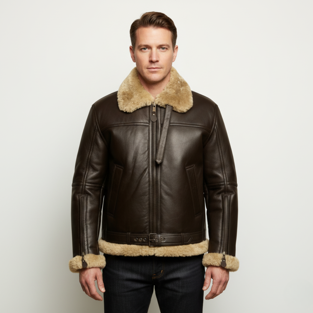 Herren Leder-Fliegerjacke mit Sherpa-Futter | Warme Vintage Aviator Jacke