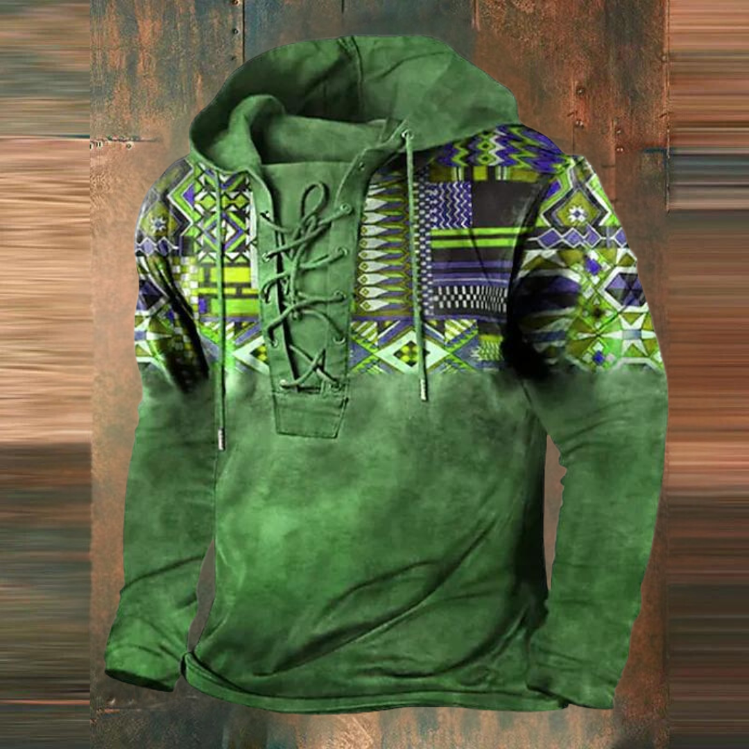 Dirken | Herren Vintage Tribal Print Sweater mit Kapuze und Tunnelzug