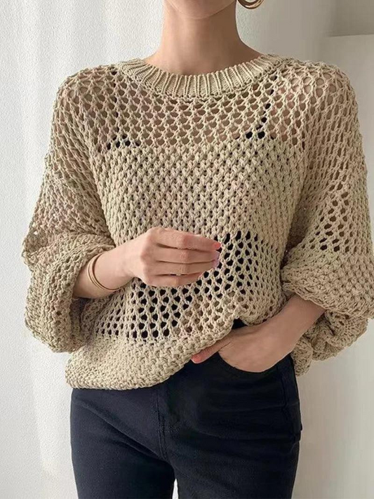 Knittie | Damen Offener Strickpullover – Leichter Gehäkelter Pullover