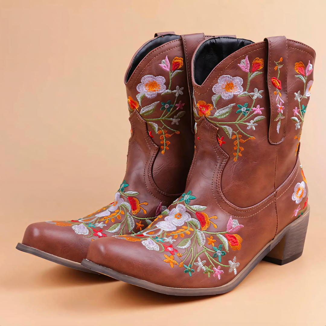 Sheila | Damen Cowboy Boots mit Blumenmuster & Blockabsatz – Vintage Western Look