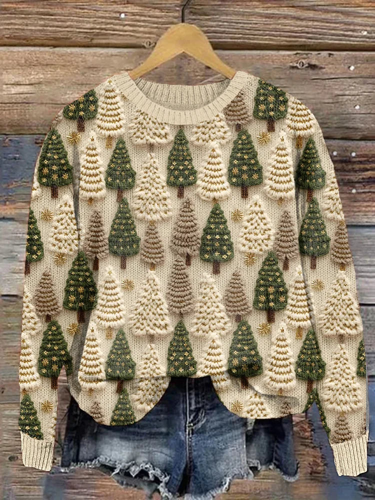 Brunilde | Damen Rundhals Strickpullover mit stilvollem Weihnachtsbaum-Stickerei