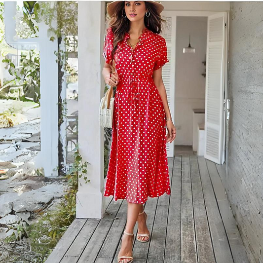 Natalie | Polka Dot Kleid mit Kordelzug und Knopfleiste