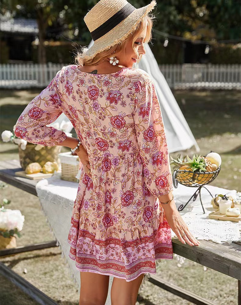 Walburga | Boho-Kleid in Rosa mit Blumenmuster