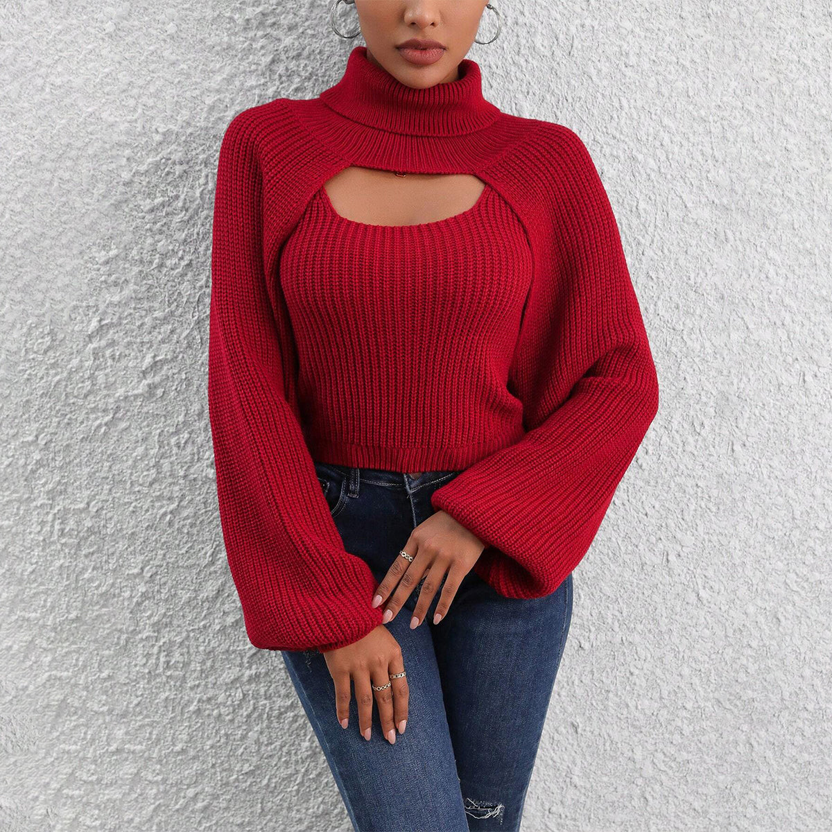 Rotina | Roter Unifarbener Rollkragenpullover