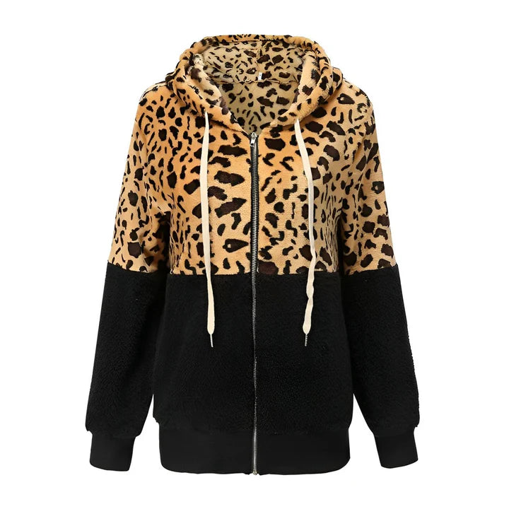 Ankana | Damen Teddy-Fleece-Jacke mit Leopardenmuster und Kapuze, lockerem Schnitt und Kordelzug