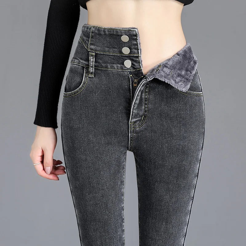 Utena | Damen High Waist Stretch Jeans mit Fleecefutter – Slim Fit Winter Jeans