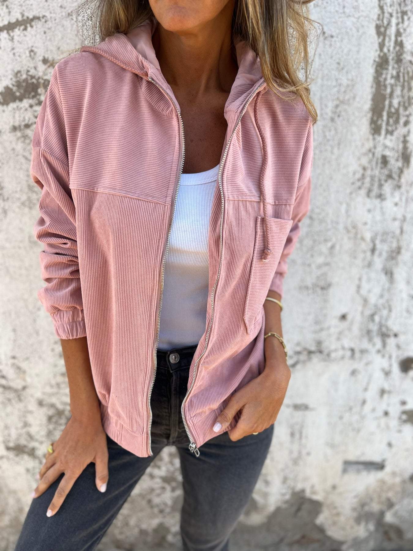 Elzina | Damen Cord-Jacke mit Kapuze, Reißverschluss und großen Taschen