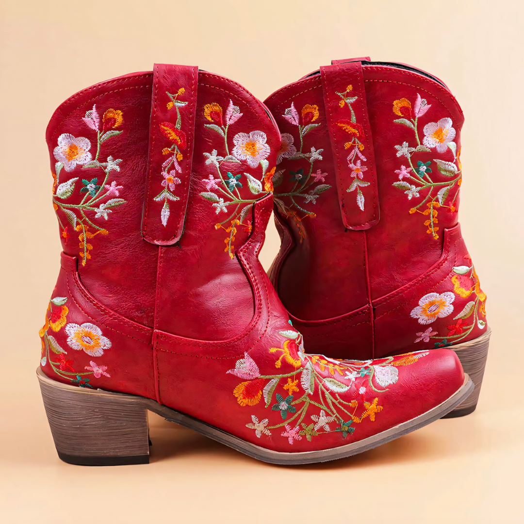 Sheila | Damen Cowboy Boots mit Blumenmuster & Blockabsatz – Vintage Western Look