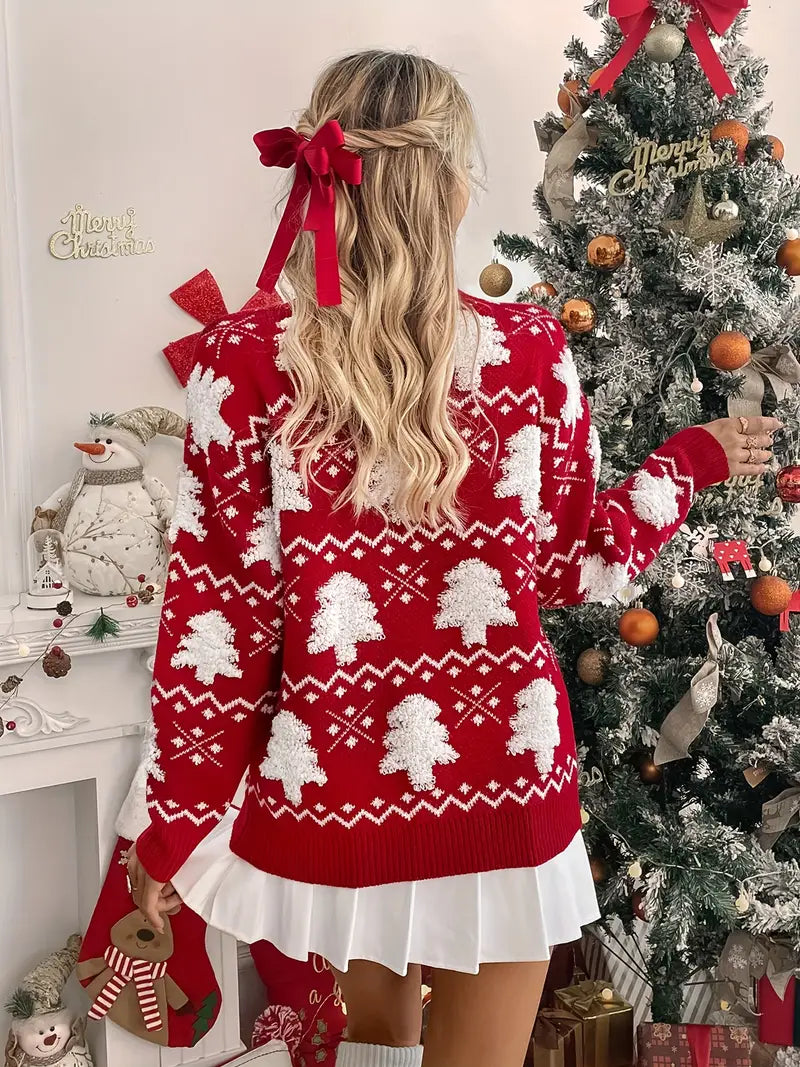 Dorothie | Damen Strickpullover mit Rundhalsausschnitt – Rot mit Weihnachtsbaum-Muster für die Festtage