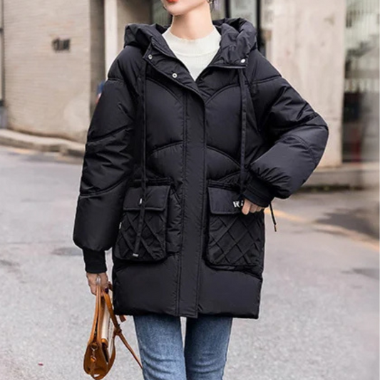 Maila | Damen Puffer-Winterjacke mit Kapuze, Kordelzug und Großen Taschen