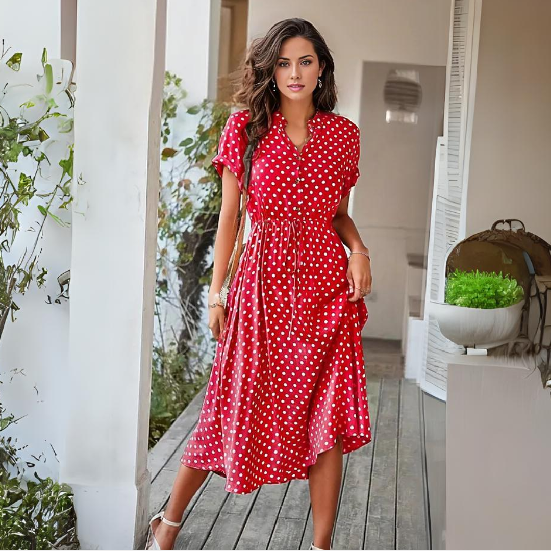 Natalie | Polka Dot Kleid mit Kordelzug und Knopfleiste