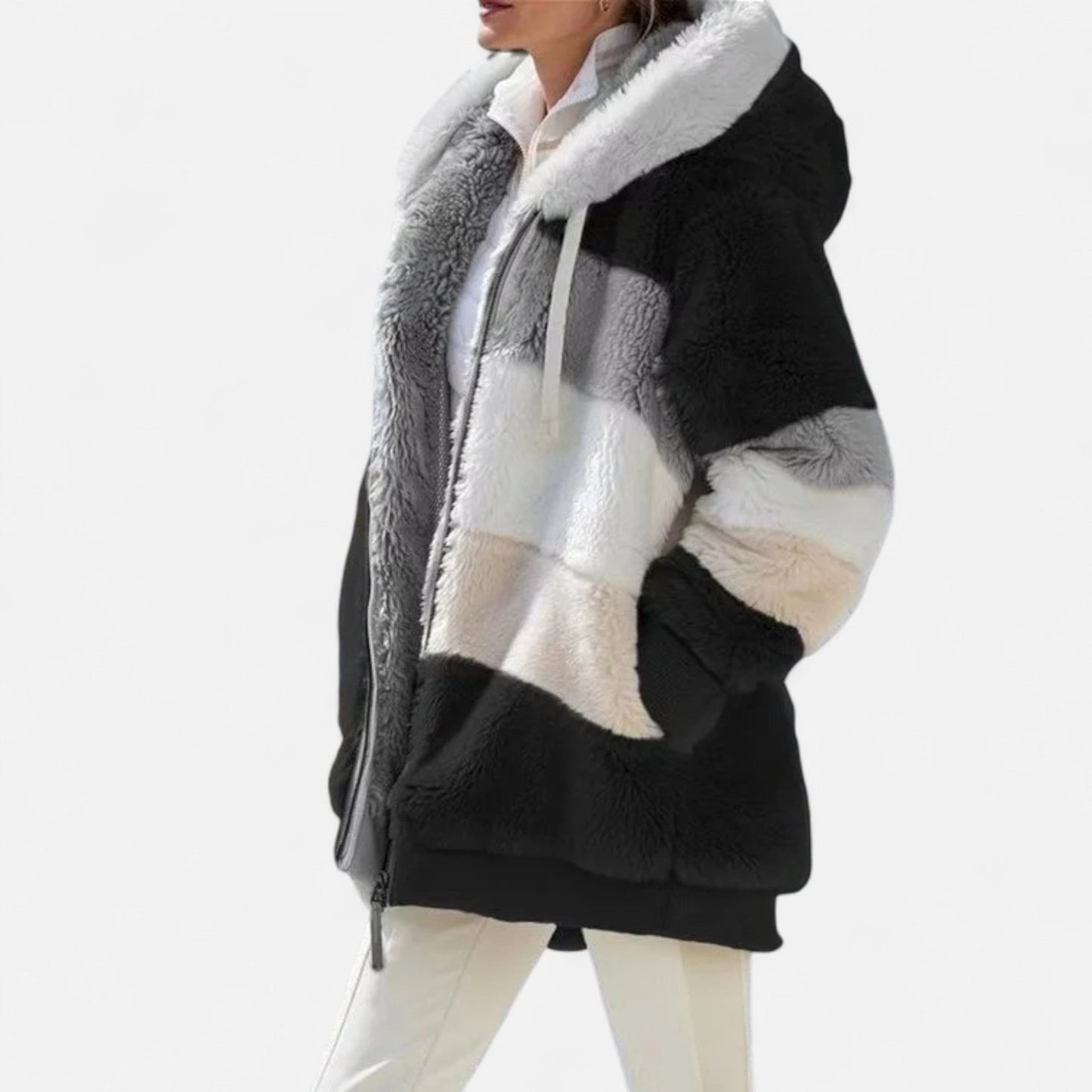 Erika | Damen Oversized Jacke mit Kapuze – Gestreifte Soft-Jacke mit Reißverschluss & Kordelzug für Herbst & Winter Eleganz