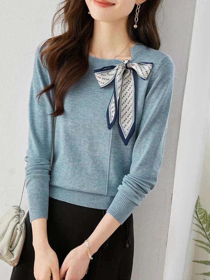 Heike | Damen Strickpullover mit Stilvollem Seidentuch-Bow Tie am Hals