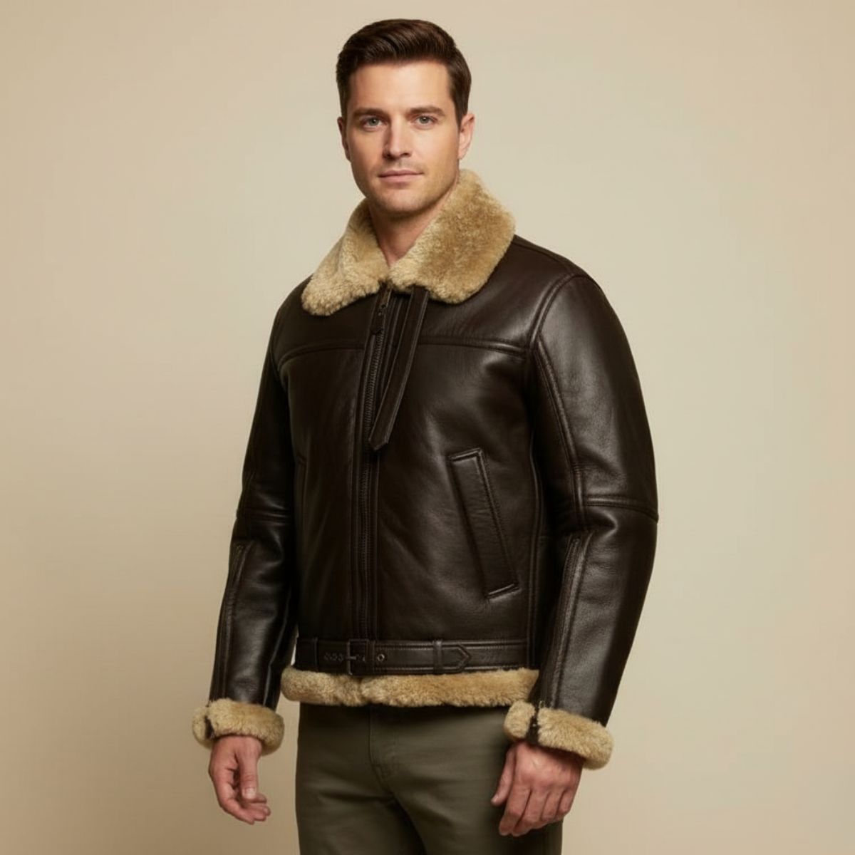 Herren Leder-Fliegerjacke mit Sherpa-Futter | Warme Vintage Aviator Jacke