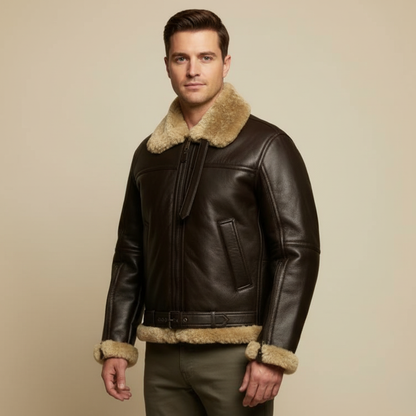 Herren Leder-Fliegerjacke mit Sherpa-Futter | Warme Vintage Aviator Jacke