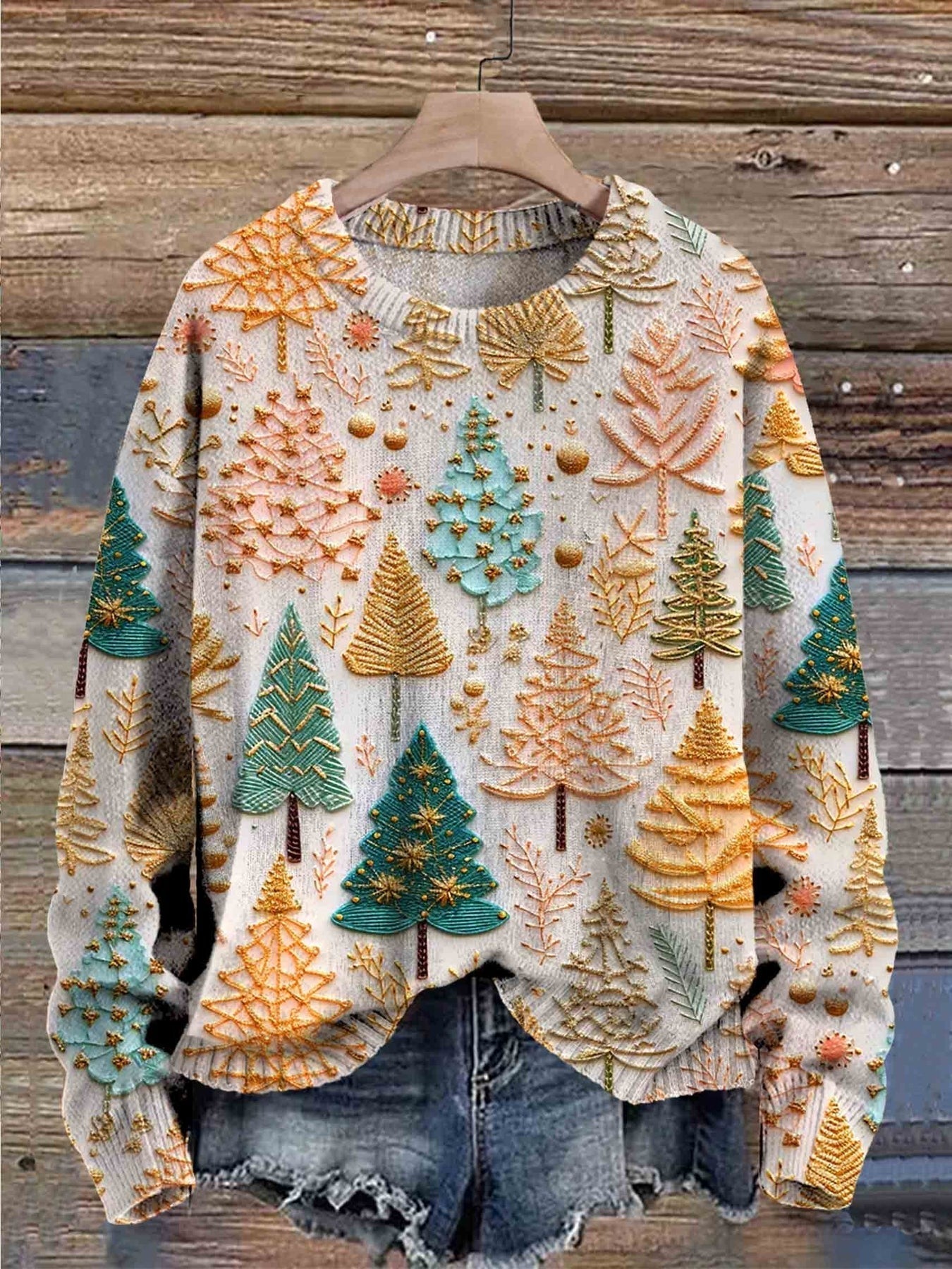 Brunilde | Damen Rundhals Strickpullover mit stilvollem Weihnachtsbaum-Stickerei