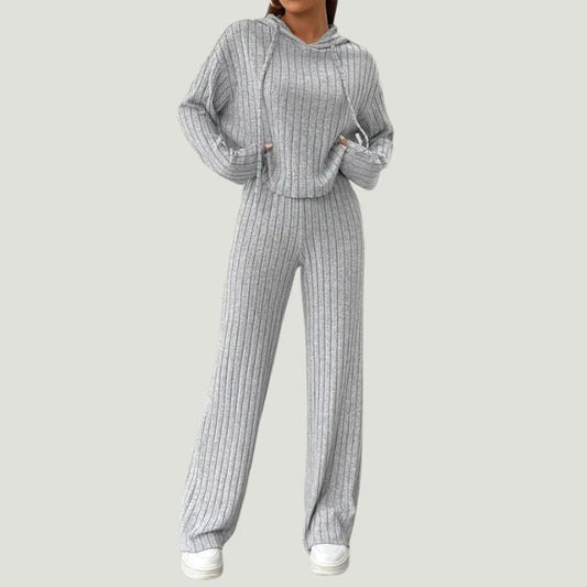 Melani | Damen Rippenstrick-Kapuzenpulli & Hose mit weitem Bein Set