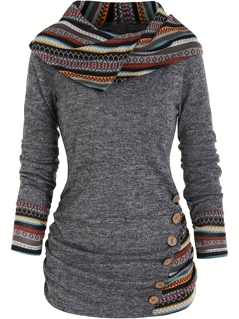 Julianne | Damen Retro Pullover mit Kapuze, Slim Fit und mehrfarbigem geometrischen Print