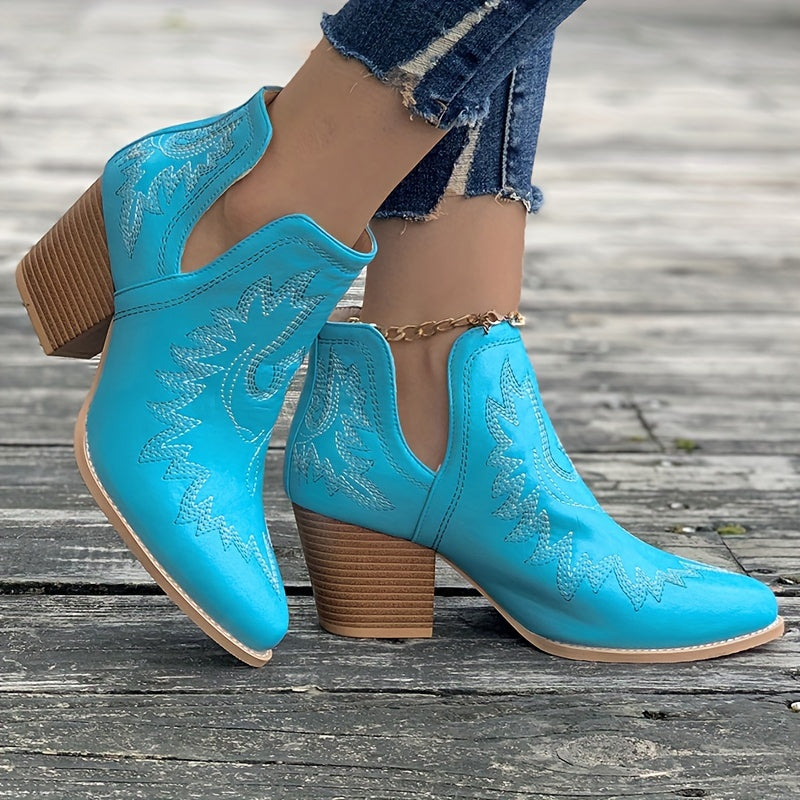 Estika | Damen Westernstiefel mit Blockabsatz und Retro-Stickerei